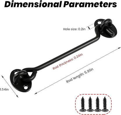 Aiptosy 2 Pack 6'' Door Latch Door Lock Hardware, 6'' Hook and Eye Gate Latch Easy Lock for Barn Door, Black Sliding Door Lock with Screws for Window, Cabin Hooks