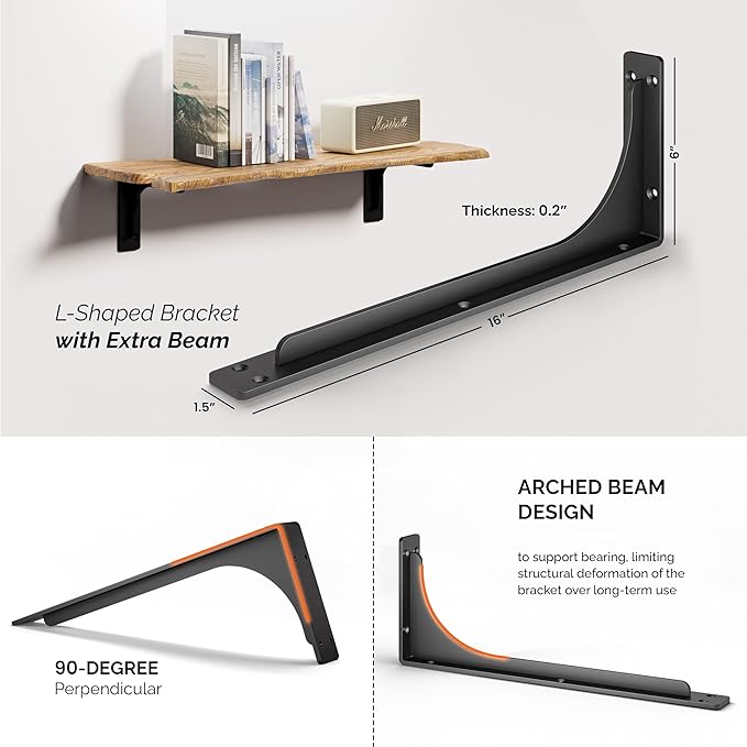 BATODA 16” Shelf Brackets with Beam (4pcs) - L Shelf Brackets Black - Hook Brackets for Floating Shelves - Wall Mounted Support for DIY Open Shelving – Mounting Hardware Included (Pack 4) (4, 16 Inch)