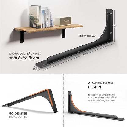 BATODA 16” Shelf Brackets with Beam (4pcs) - L Shelf Brackets Black - Hook Brackets for Floating Shelves - Wall Mounted Support for DIY Open Shelving – Mounting Hardware Included (Pack 4) (4, 16 Inch)