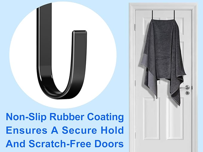 Over The Door Metal Hooks with Plastic Coating 5.5" Fit 0.5" to 1 3/8" Door 4 Pcs Heavy Duty Single Towel Robe Rack Wreath Bathroom Shower Hanger Shoe Organizer Ironing Board Short Black