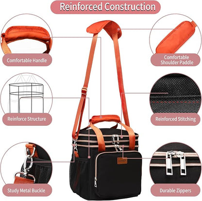 Expandable Insulated Lunch Box for Women Men, Double Deck Large Lunch Bag Tote Leakproof Lunch Cooler with Shoulder Strap for Adults Work Shift Outdoor Picnic Daytrip, (Black, 16L),GLENKEY