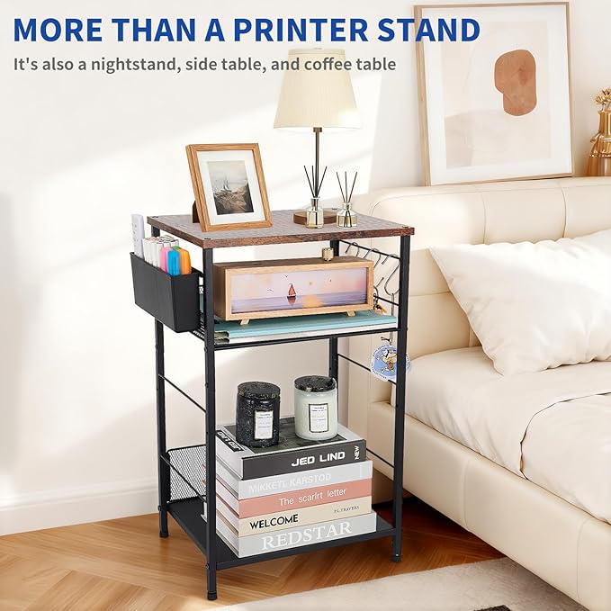 Small Under Desk Storage, Brown Printer Stand with Storage Shelf, 3-Tier Height Adjustable Printer Table with Basket & 3 Hooks for Home Office Fax Machine Scanner Files