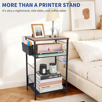 Small Under Desk Storage, Brown Printer Stand with Storage Shelf, 3-Tier Height Adjustable Printer Table with Basket & 3 Hooks for Home Office Fax Machine Scanner Files