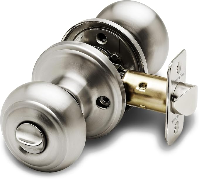 Copper Creek Polished Stainless Door Knobs - Round Colonial Knob with Privacy Locking Function for Home Improvement, 1 Pack - Fits All Standard Doors - Locking Door Knob for Bedroom and Bathroom Use