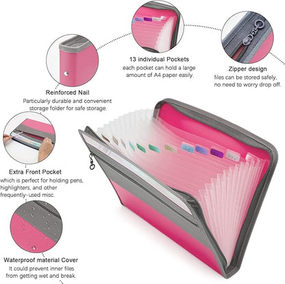 NAFY Expanding File Folders, 2Pack 13 Pockets Document Organizer with Zipper, A4 Letter Size Portable Accordion Expanding File Folders with Multicolor Labels for Office School Supplies (Black+Pink)