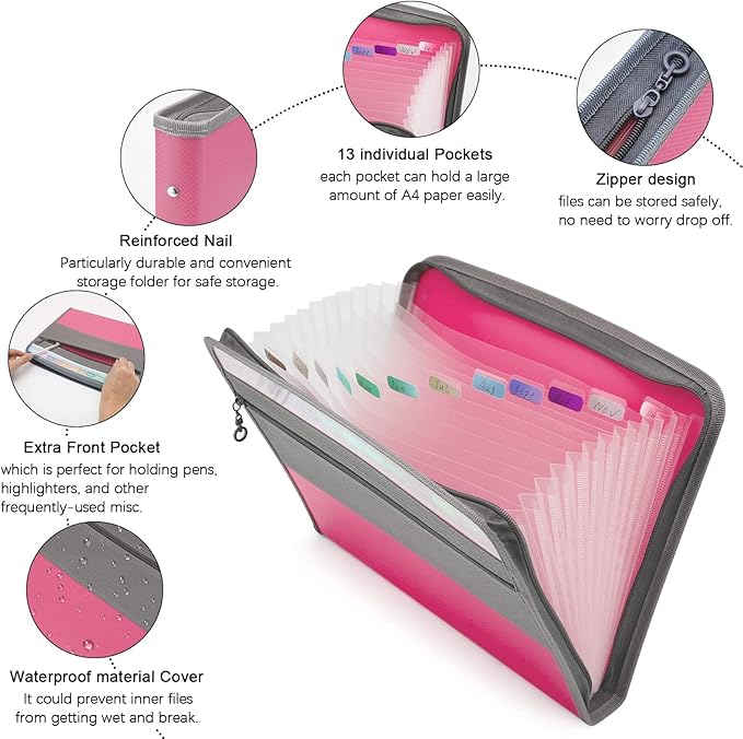 NAFY Expanding File Folders, 13 Pockets Document Organizer with Zipper, A4 Letter Size Portable Accordion Expanding File Folders with Multicolor Labels for Home Office School Supplies (Mix 4 Color)