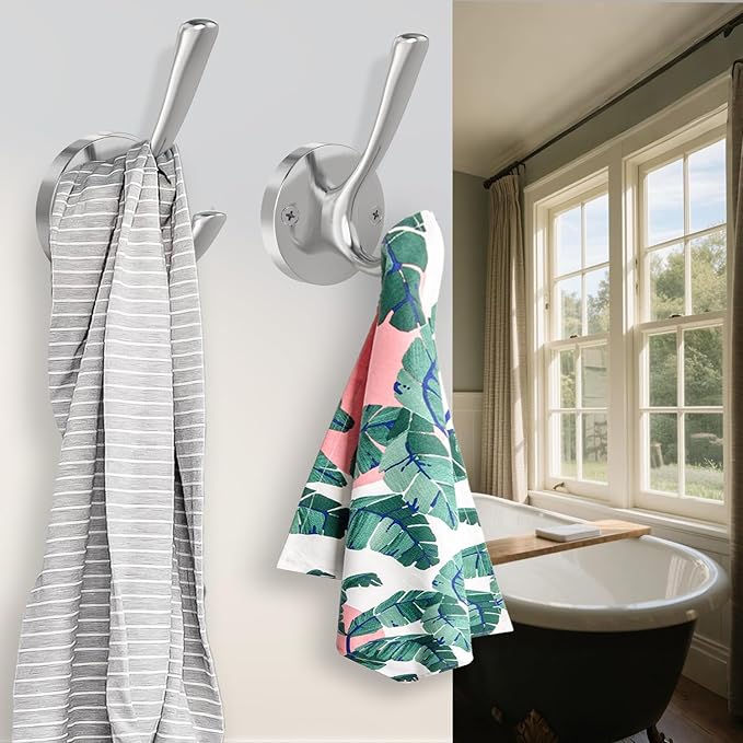 Brushed Nickel Wall Hooks, 4 Pack Heavy Duty Coat Towel Hook Metal Double Hook Wall Mounted Hanging, Bath Towel Hooks for Entryway Cubicle Bathroom Closet Garage