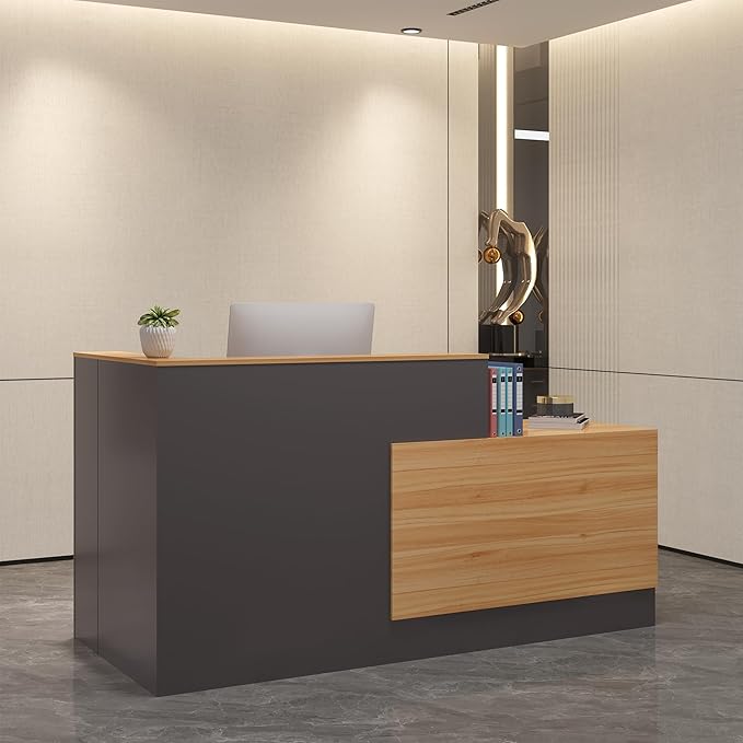L-Shaped Reception Desk with Lockable Drawers, Adjustable File Cabinet & Keyboard Tray, Modern Front Counter for Office, Salon, or Lobby (Right-L Natural Wood/Slate Gray, 70.9''L x 23.6''W x 41.3''H)