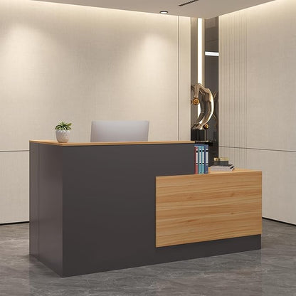 L-Shaped Reception Desk with Lockable Drawers, Adjustable File Cabinet & Keyboard Tray, Modern Front Counter for Office, Salon, or Lobby (Left-L Natural Wood/Slate Gray, 70.9''L x 23.6''W x 41.3''H)