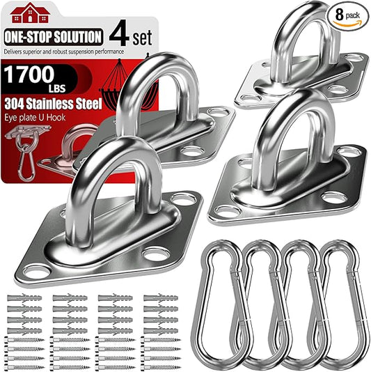 sprookber 304 Stainless Steel Pad Eye Snap Hooks, M10 Heavy Duty Ceiling Hook, 1700lb Capacity Hammock Swing Hanging kit, Plant Hangers, Marine Hardware Staple Hook Loop with Screws, Set of 8