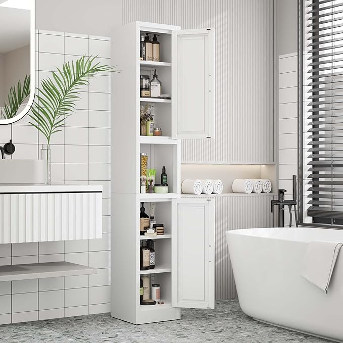 67" Tall Narrow Storage Cabinet Metal Bathroom Cabinet with 2 Doors & 4 Adjustable Shelves, Standing Pantry Cabinets Cupboard for Kitchen, Dining Room, Living Room and Bathroom (White)