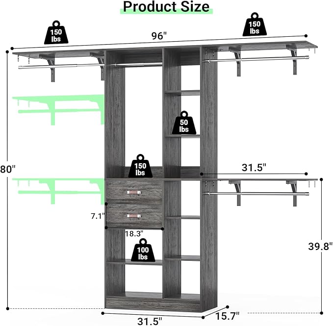 Upgraded 96 Closet System with 18 Storage Place, 8FT Closet Organizers System with 13 Shelves and 2 Wooden Drawers, 96'' Walk-in Closet with 4 Hanging Rods, Adjustable Garment Rack, Oak