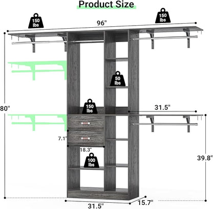 Upgraded 96 Closet System with 18 Storage Place, 8FT Closet Organizers System with 13 Shelves and 2 Wooden Drawers, 96'' Walk-in Closet with 4 Hanging Rods, Adjustable Garment Rack, Oak