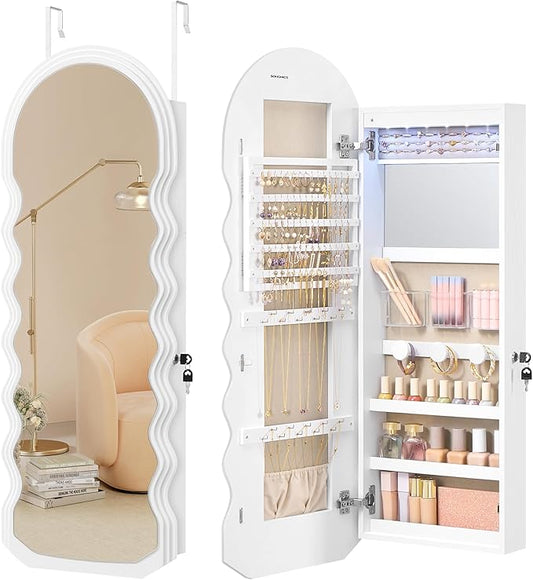SONGMICS Mirror Jewelry Cabinet Wall Mounted Over the Door, Hanging LED Jewelry Organizer, Lockable Wavy Wide Mirror with Storage, Interior Lights, 3.9 x 16.5 x 42.5 Inches, White UJJC031W01