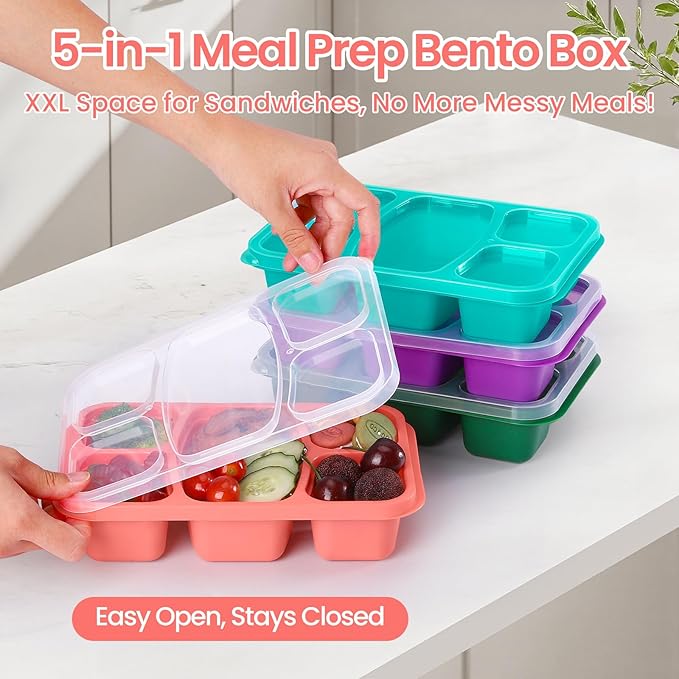 Bento Boxes Adult Lunch Containers 4 Pack, 5 Compartment Reusable Lunchable Containers for Kids, Stackable Snack Box With XXL Space for Sandwiches,Meal Prep for School