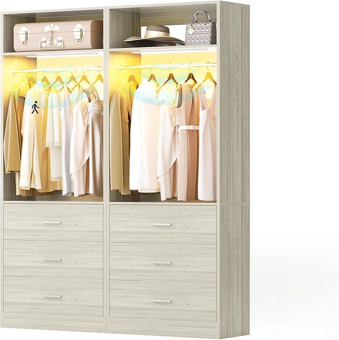 4FT Closet System with 2 Motion Sensor LED Lights, 48" Closet Systems with 6 Drawers, Closet Organizer System with 2 Hanging Rods & 2 Shelves, Heavy Duty 48 Inch Walk-in Closet, White Oak