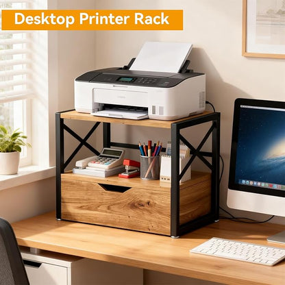 IBUYKE 2 Tier Desktop Printer Stand,Multi-Purpose Desk Organizer,Wooden Printer Stand with Drawer Storage for Folders,Books,for Fax Machine, Scanner,Home Office,Oak TLJ006K