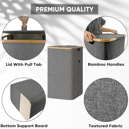 BALEINE Laundry Hamper with Lid, Tall Laundry Baskets with Bamboo Pull Handles, Large Laundry Bin with Internal Support (26Gal/100L, Carbon Black)