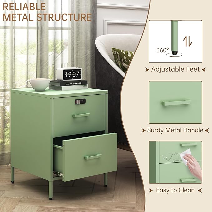 2 Drawer End Side Table with Lock Metal Nightstand, Lockable Storage Cabinet Kids Cabinet for Living Room, Bedroom, Dorm, 21.26”H X 15.75”W X 15.75”D (2 Drawer, Green)