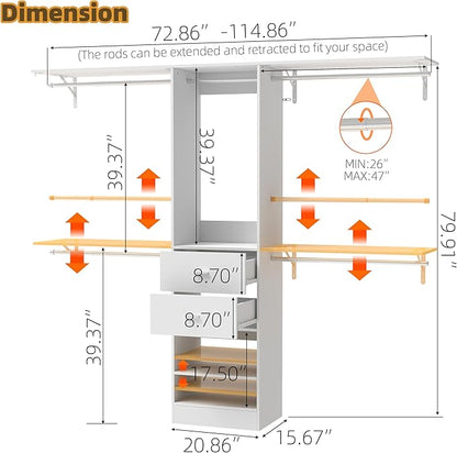 Closet System, 4Ft-9Ft Closet Organizer System With 2 Wooden Drawers, Walk-In Closet Storage System With 5 Expandable Hanging Rods, Adjustable Cloth Garment Rack from 4 to 9FT, White