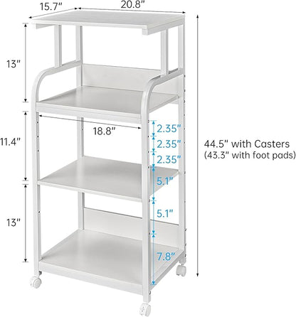 4 Tier White Printer Stand Table with Adjustable Shelves, Movable Printer Shredder Stand with Wheels for Home Office Storage and Organization, Rolling Cart for Computer Tower CPU