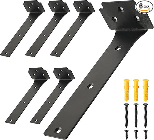 Floating Shelf Brackets,6 Pack Heavy Duty L Brackets for Shelves, 8 Inch Black Stainless Steel Countertop Support Brackets,Wall Mounting for Wood