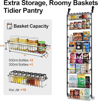 Delamu Over The Door Pantry Organizer, 8-Tier Pantry Door Organizers and Storage, Metal Hanging Spice Rack, Seasoning Organizer, Door Organizer for Home Kitchen Bathroom, Black