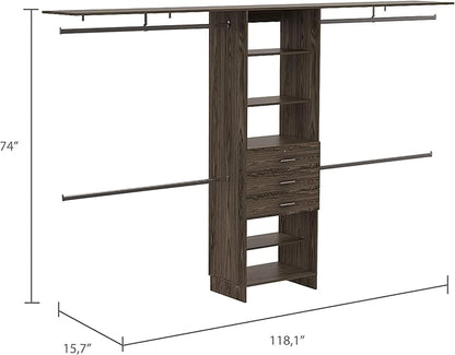 DEPOT E-SHOP Zamora 69"W - 118"W Closet System with Four Hanging Rods, Three Drawers, and Five Shelves, Dark Walnut, Bedroom