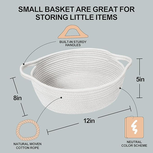 Small Woven Gift Basket, Baskets for Gifts Empty, Cotton Rope Cat Dog Toy Bin Box, Nursery Baby Basket, Wicker Basket with Handles, Cute Storage Basket for Home Decor, White, 12"x 8"x 5"