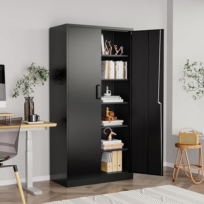 Metal Garage Cabinets, 72" Tall Locking Storage Cabinet with 2 Doors and 5 Adjustable Shelves, Steel Utility Tool Caninet, Black Lockable Outdoor Storage Cabnet for Pantry, Garage, Home Office