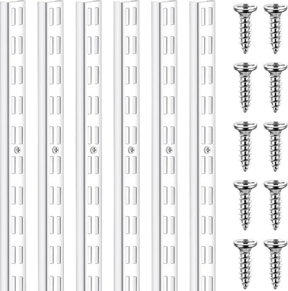 6 Pcs Dual Track Upright Wall Shelving System Heavy Duty Support System Twin Slot Shelf Rail Shelf Standards for Pantries Linen Closets Laundry Rooms(White,47.5 Inch)