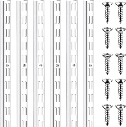 6 Pcs Dual Track Upright Wall Shelving System Heavy Duty Support System Twin Slot Shelf Rail Shelf Standards for Pantries Linen Closets Laundry Rooms(White,47.5 Inch)