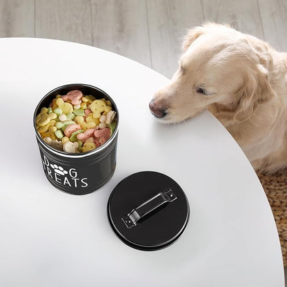 Large Dog Treat Container Airtight - 6.6" Tall X 6" Round Black Dog Treat Jar for Kitchen Counter - Rustic Treat Storage Canister for Dogs, Cats, Small Animals