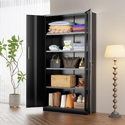 INTERGREAT Black Metal Storage Cabinet, 72" Locking Steel Cabinets with 2 Door and 4 Adjustable Shelves, Tall Metal Cabinet for Home Office, Garage, Warehouse