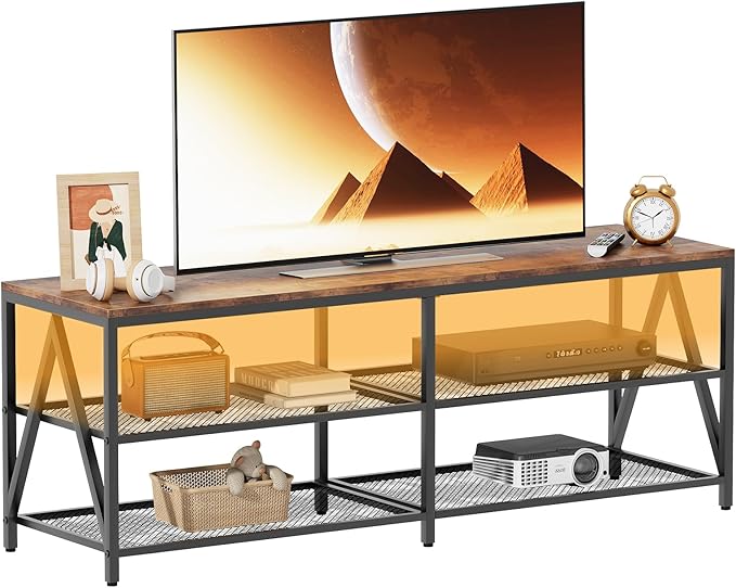 55 inch TV Stand with 3-Tier Open Shelf, Entertainment Center with Power Outlets & 8-Color LED Lights, TV Console Table for Living Room, Bedroom (Brown)