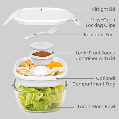 Bentgo Glass Salad Container - 7.6-Cup Salad Bowl with Airtight Lid, Leak-Proof Sauce Container, 4-Compartment Bento Tray & Reusable Fork - BPA-Free for Meal Prep, Office & More (White)