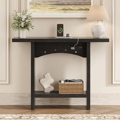 43" Console Table with Charging Station, Farmhouse Entryway Table, Entryway Table with Storage for Living Room or Foyer, Sofa Table for Hallway with Anti-Tip, Easy Assembly, Black