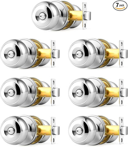 Probrico Polished Chrome Door Knobs, Interior Door Knobs with Round Ball Knob, Nickel Privacy Door Knob for Bedroom Bathroom, 7 Pack