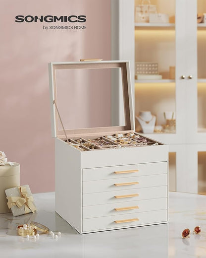 SONGMICS GISELLA Collection - Jewelry Box Organizer, 6-Layer Jewelry Storage with 5 Drawers, Shiny Metal Hardware, Glass Lid, Modern, 8 x 9.1 x 9 Inches, Cloud White and Gold Color UJBC176W01