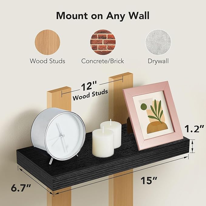 AMADA HOMEFURNISHING Floating Shelves Wall Mounted, 15 x 7 Inch Wall Shelves for Bathroom, Bedroom, Living Room, Black Shelves Set of 2