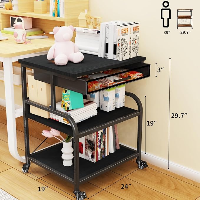 TFK 3-Tier Printer Stand with Drawer, Adjustable Shelf, Rolling Casters, 23.6 x 18.9 x 30 Inch Heavy Duty Printer Cart for Home Office, Large Printers, 3D Printers, Fax & Heat Press, Black