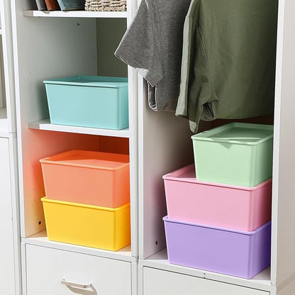 Menkxi 6 Pcs Plastic Storage Bins with Lids Stackable Storage Containers Durable Box Baskets for Organizing Shelves Playroom Classroom Office (Macaron Color,Large and Small)