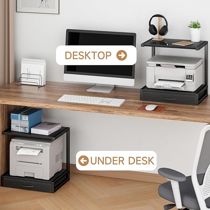 YAOHUOO 2-Tier Desktop Printer Stand with Fabric Drawer, Prtiner Table with Storage Shelf, Desk Organizer for Home Office,3D Printer,Fax Machine,Scanner, 17.3"x11.8" Black
