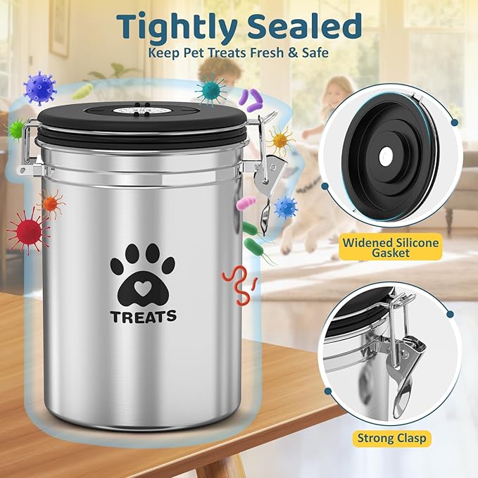 Dog Treat Container Airtight- 7.2"x4.7" /1.8L Stainless Steel Cat Treat Jar for Kitchen Counter with Scoop, Pet Storage for Fresh Dog Cookie