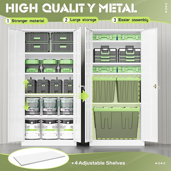 Oakcloud Metal Storage Cabinet Tool Organizer, 72" Lockable Garage Storage Tool Cabinets with 2 Doors and 4 Adjustable Shelves, Locking File Cabinet for Office, Home, School (72“ Wide-White)
