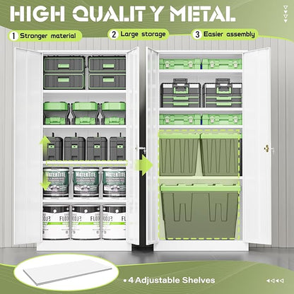 Oakcloud Metal Storage Cabinet Tool Organizer, 72" Lockable Garage Storage Tool Cabinets with 2 Doors and 4 Adjustable Shelves, Locking File Cabinet for Office, Home, School (72“ Wide-White)