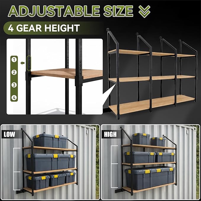 4 Pack Shipping Container Shelf Brackets, Upgraded Adjustable 3 Tier Shipping Container Shelving, 64" x 21", Heavy Duty High Load Capacity for Storage Optimization, Garage, Warehouse, Industrial Use