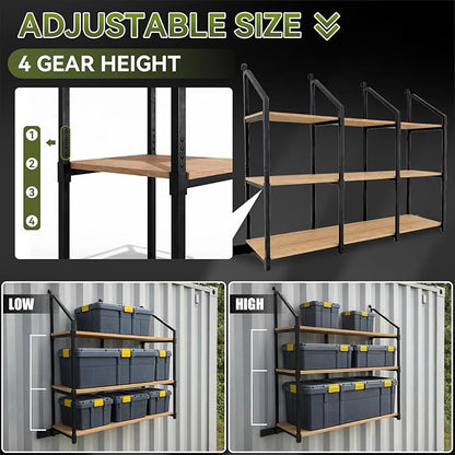 4 Pack Shipping Container Shelf Brackets, Upgraded Adjustable 3 Tier Shipping Container Shelving, 64" x 21", Heavy Duty High Load Capacity for Storage Optimization, Garage, Warehouse, Industrial Use