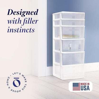 HOMZ Drawer Tower, 6-Tier Clear Plastic Storage Organizer Cart, White Frame - Heavy-Duty Organizing Drawers for Home, Bedroom, and Closet Organization