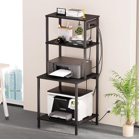 Printer Stand with Charging Station, 49"Tall 4-Tier Printer Stand with Storage, Large Printer Table for Home Office, Kitchen, Living Room, PrinterCart Beside Desk for Printer, Scanner (Black )